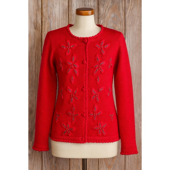 Victoria Jones Woman Sweaters - Victoria Jones Petite Red Beaded Embroidered Cardigan Sweater PS Vintage